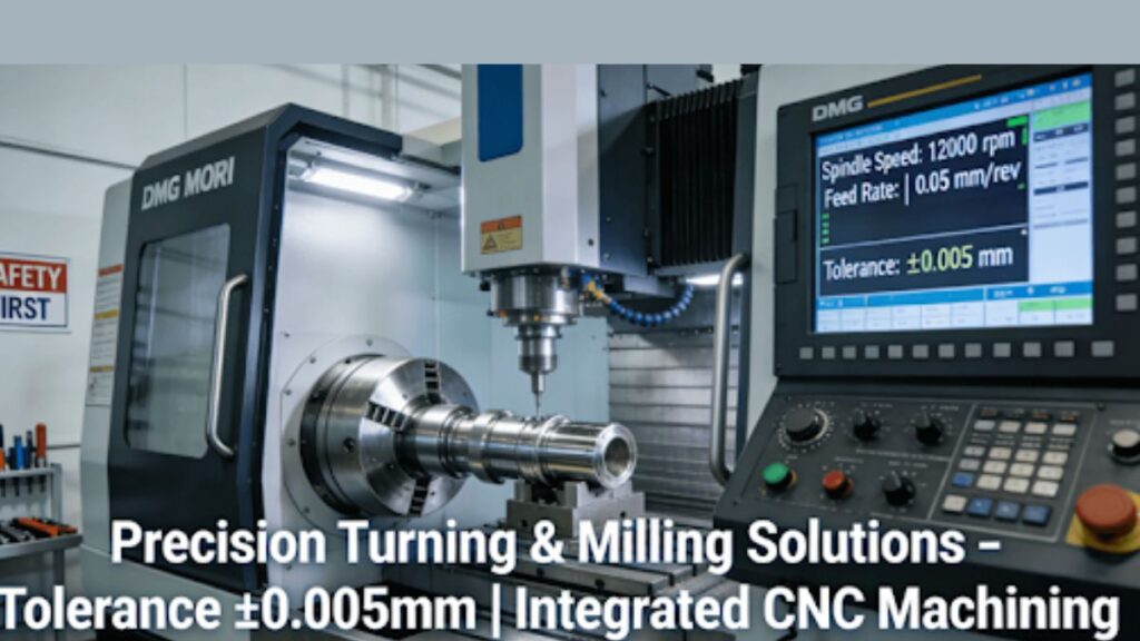 A modern 5-axis CNC turn-mill machining center actively processing a high-precision titanium aerospace component, with real-time data on the control screen, in a clean industrial setting.
