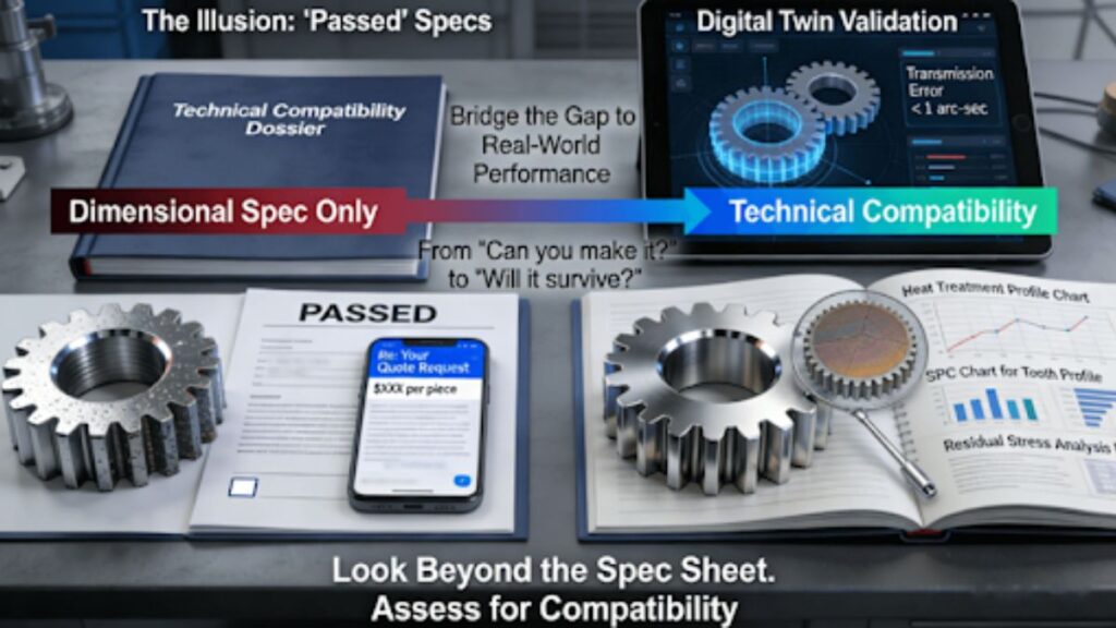 A side-by-side comparison on an engineering desk: a gear that passed basic inspection vs. a gear analyzed through a technical compatibility dossier with heat treat charts, SPC data, and digital twin simulation, visually contrasting superficial checks with deep application-focused assessment.